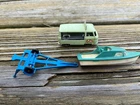 Vintage 1965 Matchbox Lesney No. 9 Cabin Cruiser Boat & Trailer Blue+Milk Truck