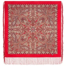 Midday Red Pavlovo Posad Wool Shawl with Silk Fringe 35x35" Russian Shawl 2062-5
