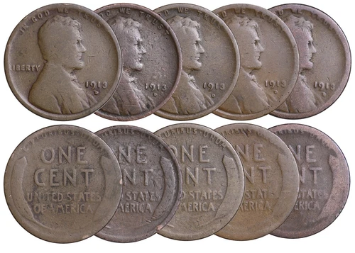 (LOT OF 5 PC) 1913-D FULL DATES Lincoln Wheat Cent Penny CULL / AG / HOLE FILLER