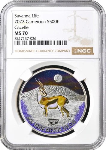 Cameroon 500 francs 2022, NGC MS70, "Savanna Life - Gazelle" silver coin