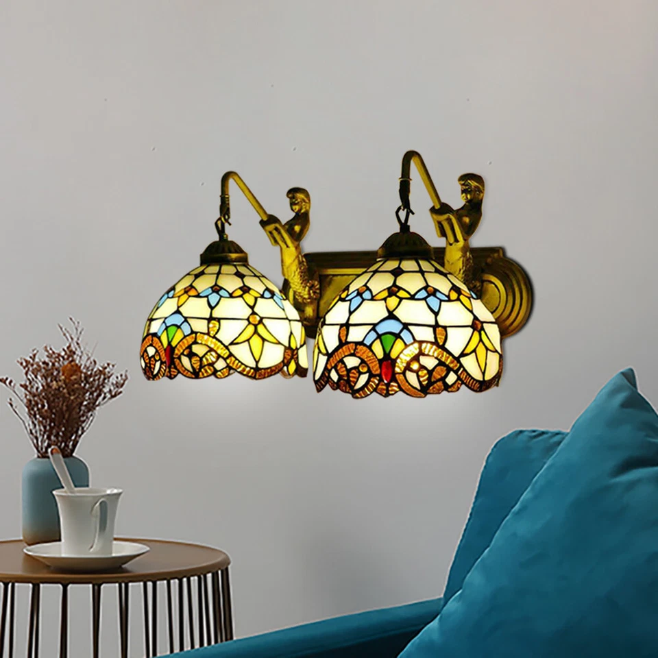 2 Light Tiffany Mermaid Vanity Fixture Wall Light Stained Glass Wall Sconce - Image 3 of 4