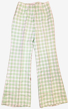 1960s 70s Green White Plaid Bell Bottoms Polyester Size S Vtg Pants Retro