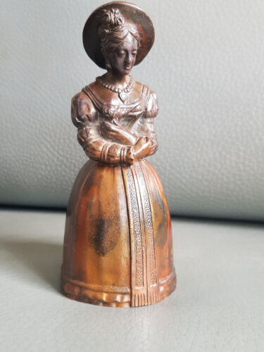 FINE ANTIQUE BRONZE TABLE BELL TABLE BELL LADY IN COSTUME WITH FLOWER - Picture 1 of 3
