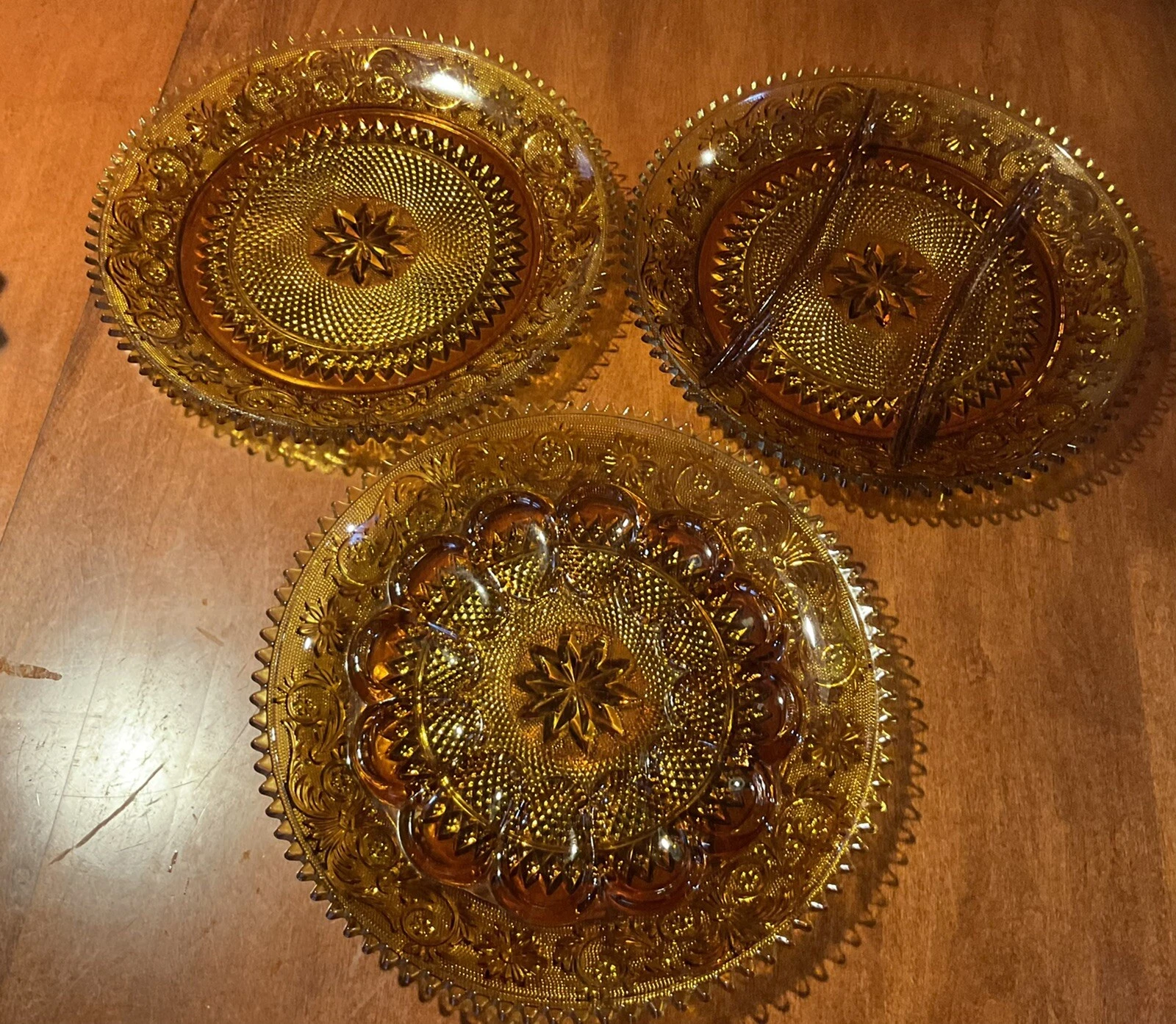 VINTAGE INDIANA TIARA AMBER GLASS SANDWICH , EGG PLATTER & Divided RELISH PLATES