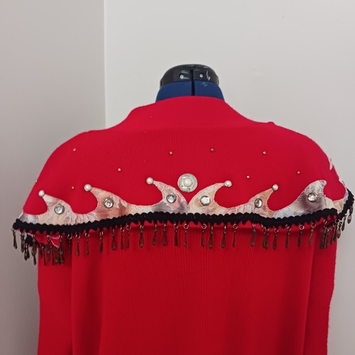 Red Cardigan Vtg Embellished Knit Sweater Fringe Shawl Collar One Size Fits All - Picture 8 of 14