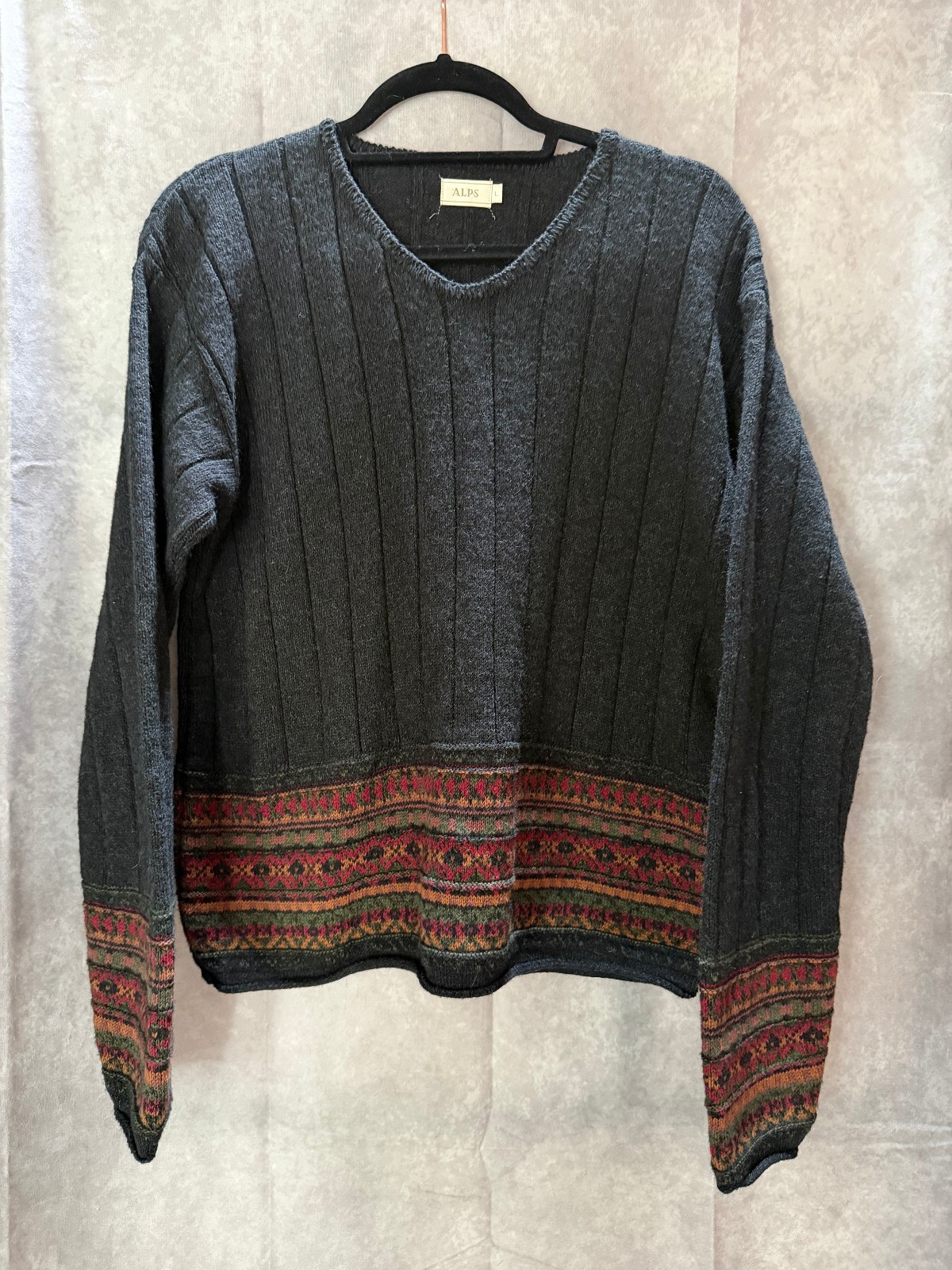 ALPS Women’s L Wool Blend Knit Sweater Fair Isle Hem Gray Multicolor USA Made