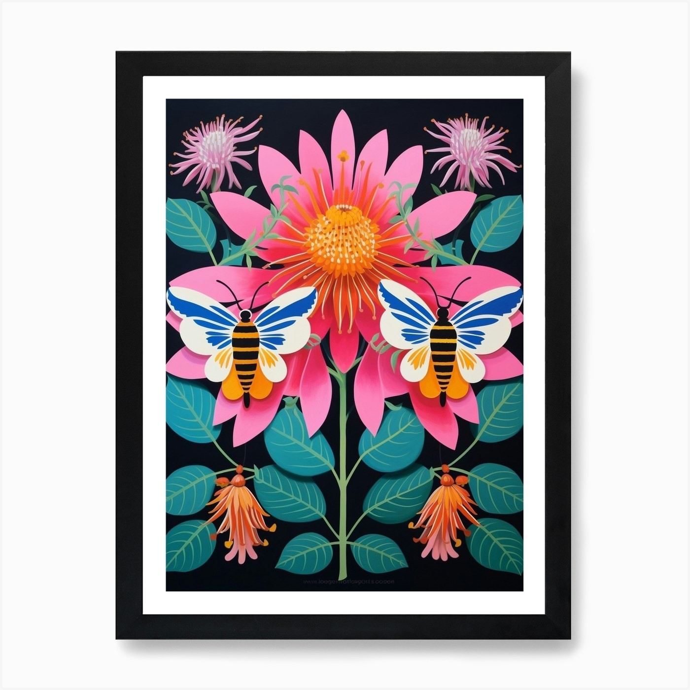 Flower Motif Painting Bee Balm 2 Ar Framed Wall Art Poster Canvas Print Picture
