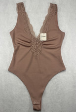 Free People Intimately Women  s Pink Ribbed V Lace Thong Small S Bodysuit NWT