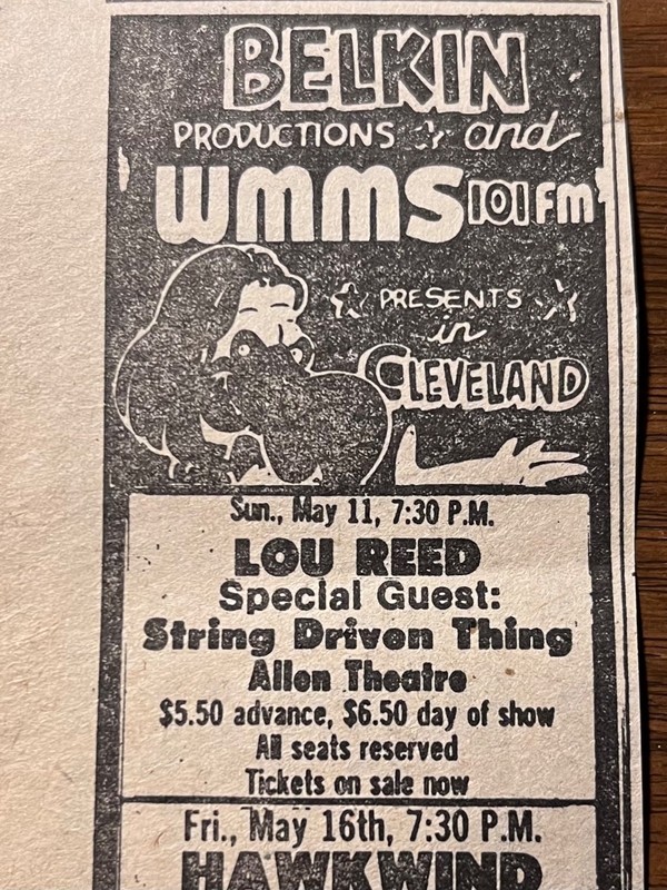 Vintage 1975 Lou Reed Concert Ad from Cleveland Newspaper - Belkin & WMMS 101 FM