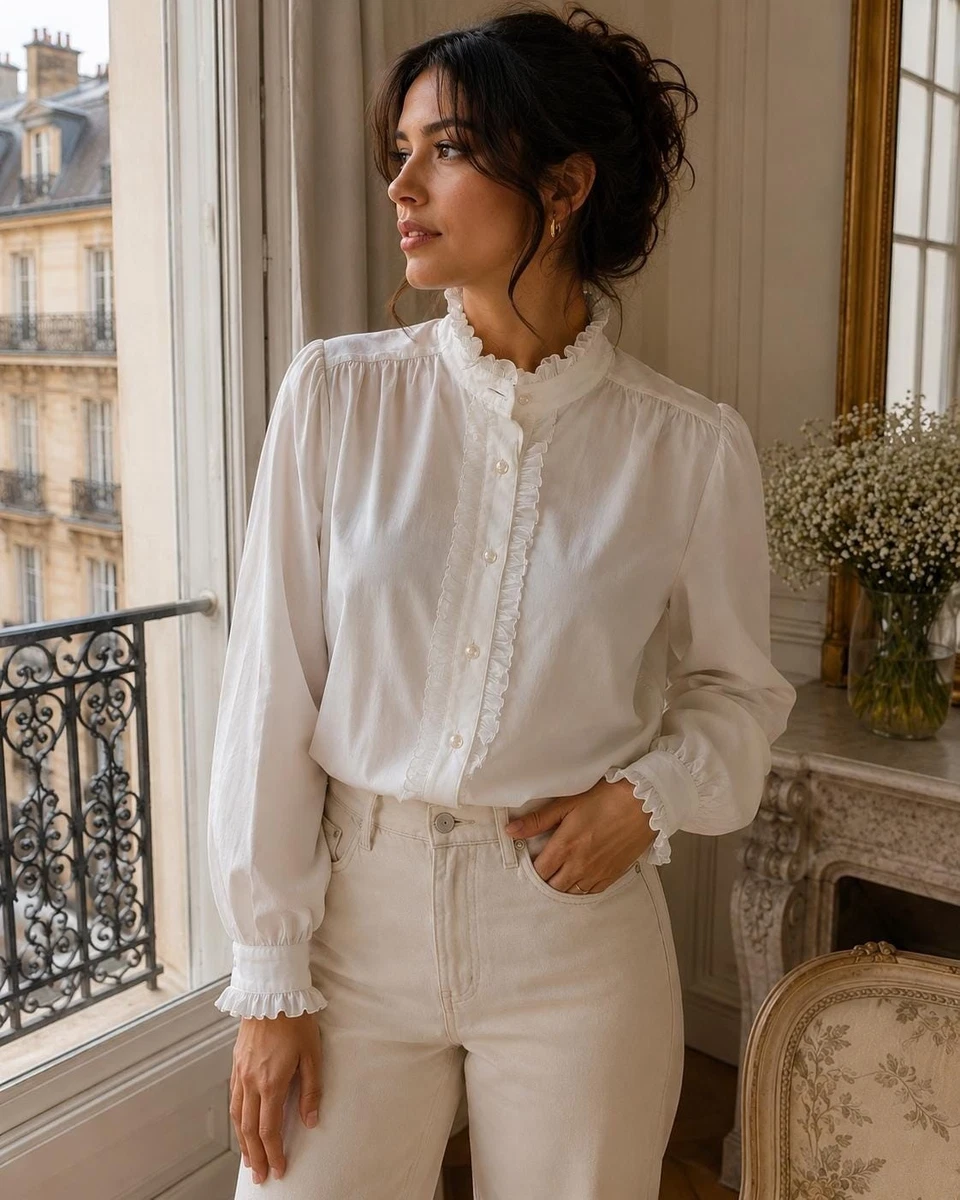 High Neck Ruffle Blouse In Vintage Tops & Blouses For Women for