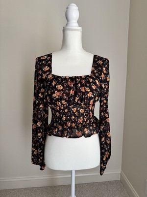 FRANCESCA'S MI AMI Black Floral Smocked Peasant Blouse or Top Sz M