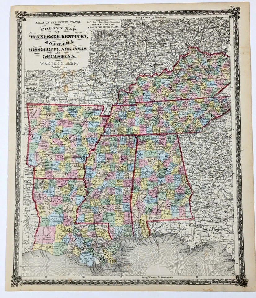 Mapa 1875 TENNESSEE KENTUCKY LOUISIANA ARKANSAS ALABAMA MISSISSIPPI - Original  Foto 2 de 4