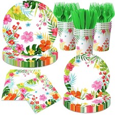 144 PCS Luau Party Supplies Tropical Plates Hawaiian Napkins Set Serve 24