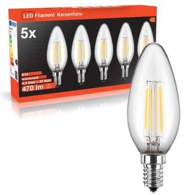 Blulaxa LED Filament Kerze C35, 5er-Pack | E14, 4,5W (40W), 470 lm, WW, EEK:F