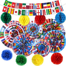 15 Pcs World Party Decorations International Flags Paper Fans