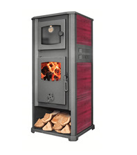 STUFA A LEGNA ACCIAIO VETRO 12 KW CON PORTALEGNA FORNO cm 48x42x117 ROSSO 170ro