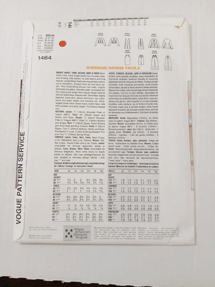 Выкройка для шитья 1464 Vogue. Женская куртка туника блузка юбка брюки. Размер 8, 10,12 - Изображение 2 из 3