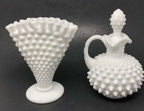 FENTON White Milk Glass Hobnail Cruet Stopper Pedestal Fan Vase Vintage Lot of 2