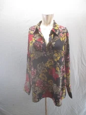 PLEIONE Size L Womens Floral V-Neck Collar Long Sleeve Flowy Blouse 454