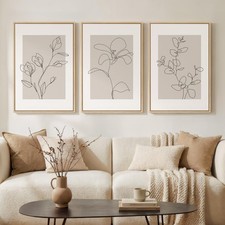 Framed Neutral Botanical Wall Art Set of 3, Minimalist Contemporary Floral Li...