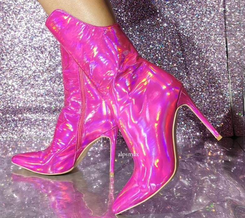 Womens Fashion Sexy Pointy Toe Patent leather Ankle Boots High Heels Party Shoes