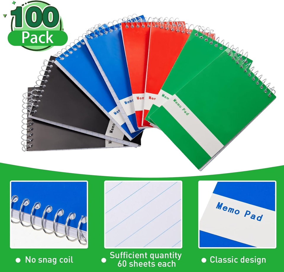 100 Pads Spiral Memo Book Wirebound Spiral Memo Pads 3'' X 5'' Small
