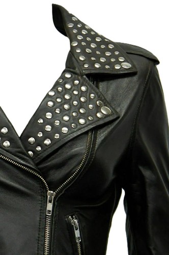 Women's Studded Leather Jacket Genuine Lambskin Leather Black Motor Biker Jacket - Picture 5 of 12