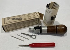 2 Vintage Sewing Awls - C. A. Myers Leather Complete in Box + Red Curved Tailor?