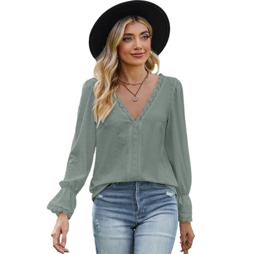 Women Flare Long Sleeve Loose Shirt Lace Crochet V-Neck Jacquard Tunics Blouse - Picture 29 of 38