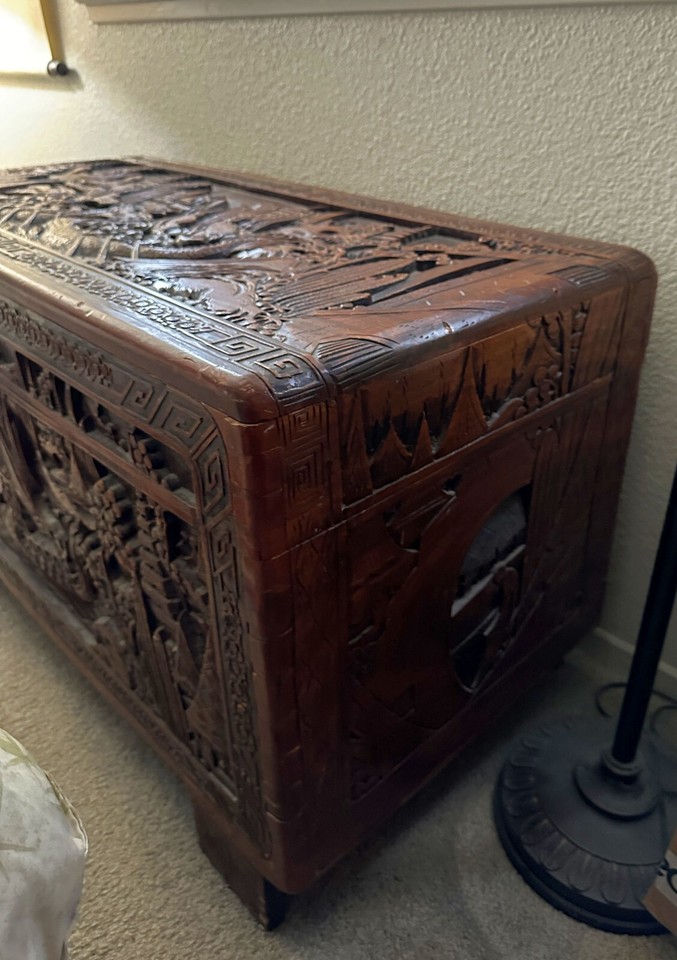 Chinese Hand Carved Vintage Camphor Wood Hope Chest Dragon Boats Local