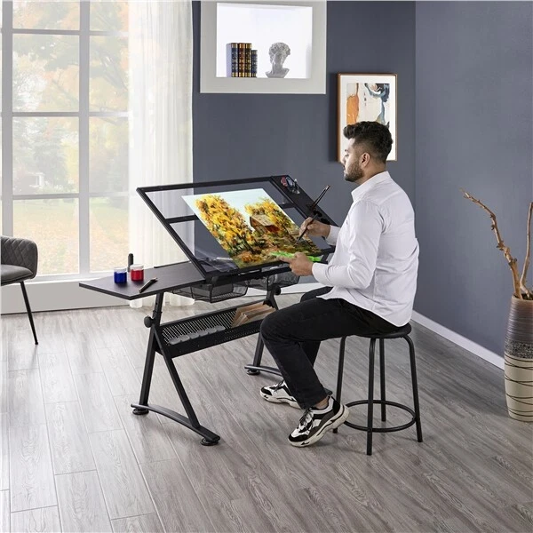 Glass drafting on sale table with light