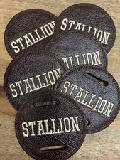 1 REAL Burgundy LEATHER STALLION 8cm  Bridle Disc Disk Badge Cream Font