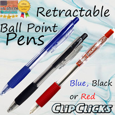 8ct Clip Clicks Ink Pens Retractable 1mm Ball Point Choose: Blue Black or Red