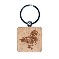 Elegant Wood Duck Engraved Wood Square Keychain Tag Charm