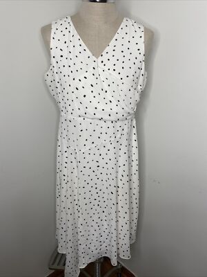 Donna Karen Dress Sz 12 White Black V Neck Fit & Flare Sleeveless Midi