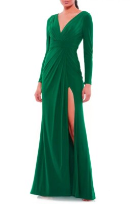 Ieena Mac Duggal Emerald Green Long Sleeve Wrap Jersey Gown Size 16 $398