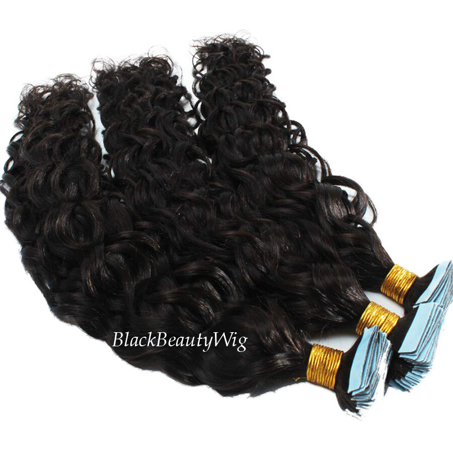 Curly Tape in Human Hair Extension Water Wave Brazilian Tape on Hair ...