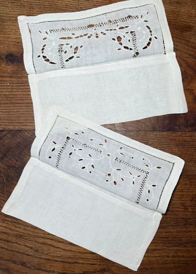 BRODERIE ANCIENNE - ART DE LA TABLE 2 pochettes porte-serviette - lin broderie - Photo 4/4