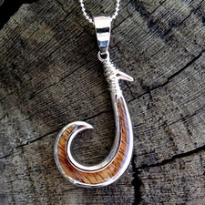 KOA WOOD HAWAIIAN WAVE FISH HOOK RHODIUM SILVER PLATED BRASS PENDANT BRP1089