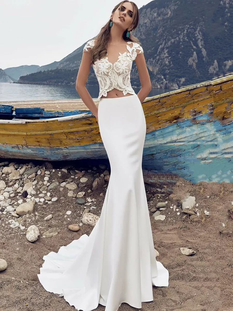 Women's Boho Two Pieces Lace Wedding Dresses Beach Mermaid Bridal Gowns  with Sleeves White US4 : : Clothing, Shoes & Accessories