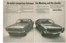 1968 AMC JAVELIN SST & 1967 FORD MUSTANG ~ NICE ORIGINAL 2-PAGE PRINT AD