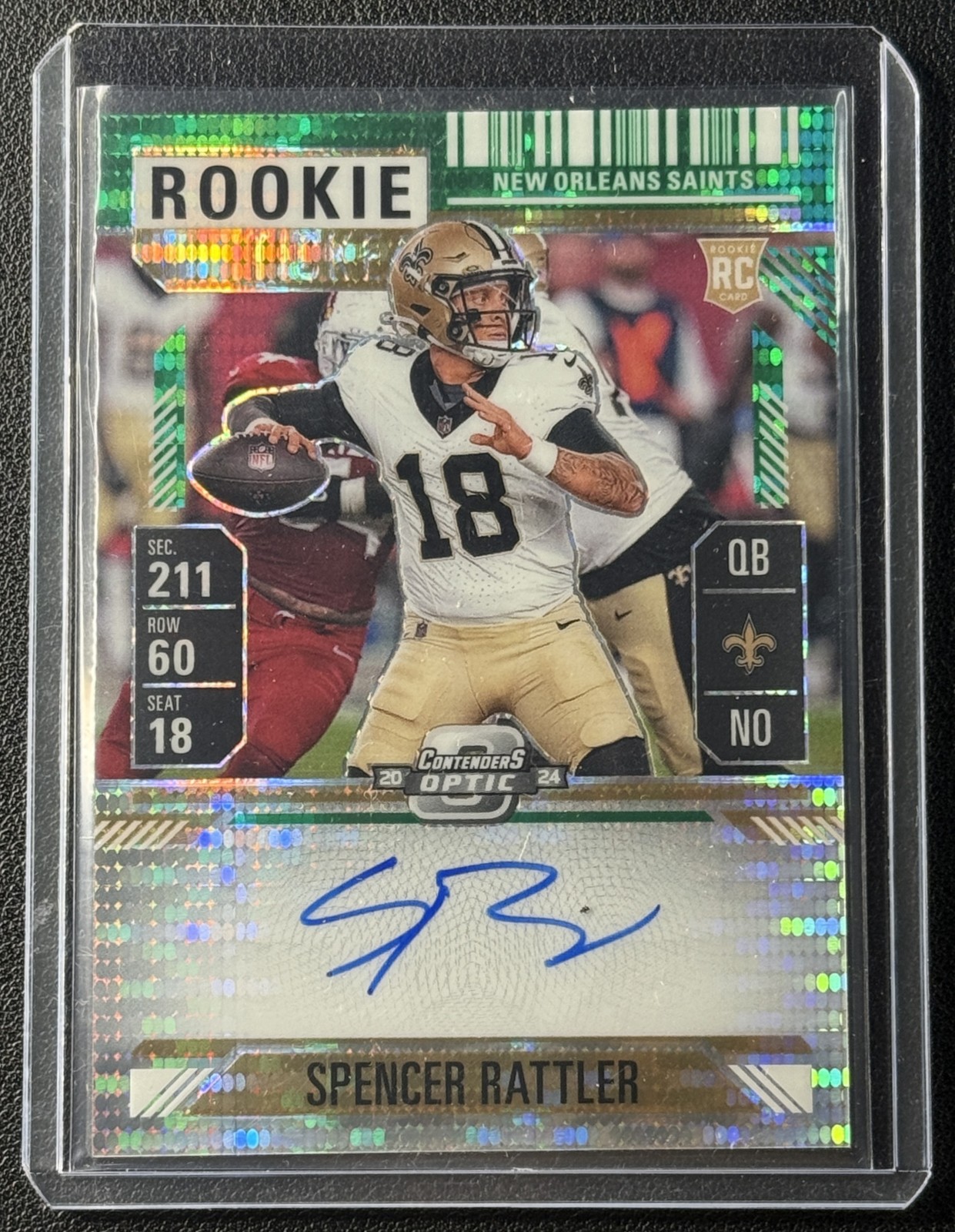 SPENCER RATTLER 2024 CONTENDERS OPTIC #116 ROOKIE AUTO GREEN PULSAR PRIZM RC /30