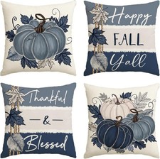 Fall Blue Pumpkin Stripe Pillow Covers 18x18 Inch Set of 4  Thankful Blessed
