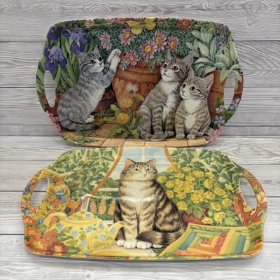 Cat Design Serviertabletts Set Lev3l England Floral Garden Kittens 1994 