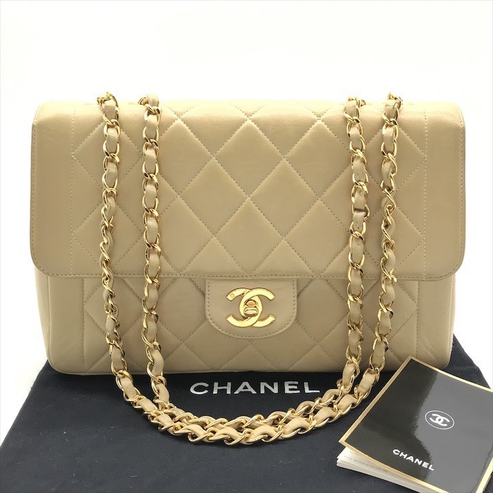 CHANEL Coco Mark Matelass Lambskin Beige Chain Flap Bag Good Condition
