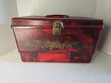 VTG Bakelite? Plastic Amber Brown Sewing Box W/ Tray and Contents Included Lot 2