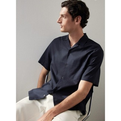H&M Men s Relaxed Fit Linen Button Up Shirt Navy Blue Size Large
