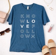 Bella Canvas Turquoise "Know Love Follow" Graphic Print Tee Shirt Size Large