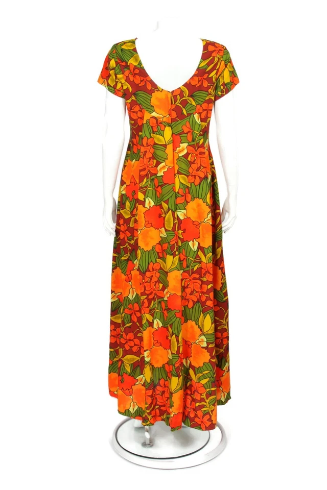 Maxi Vestido Hawaiano De Colección Años 60 70 Hecho en Hawaii Talla 12 Acrílico Naranja Floral 501 Foto 4 de 4
