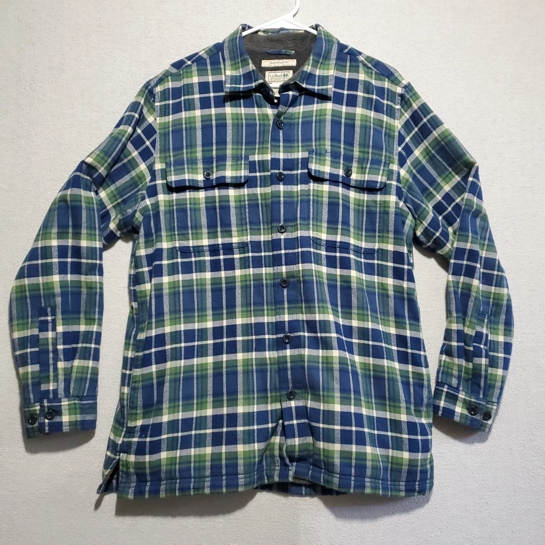LL Bean Shirt Mens Medium Regular Blue Plaid Fleece Lined Flannel Outdoor Sherpa